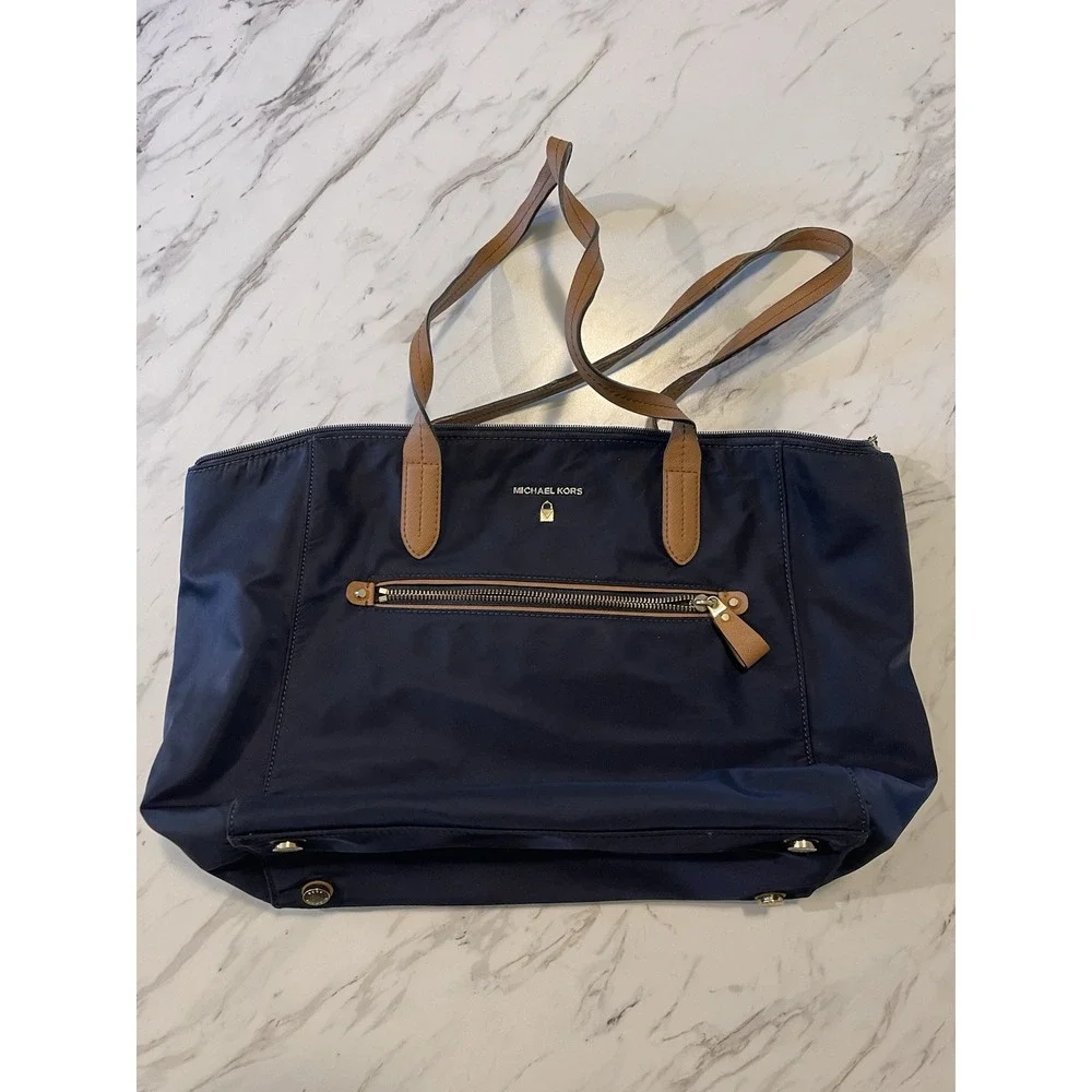 Michael Kors Kelsey Nylon Navy Tote Bag Zip Top Shoulder Trolley Sleeve NWT